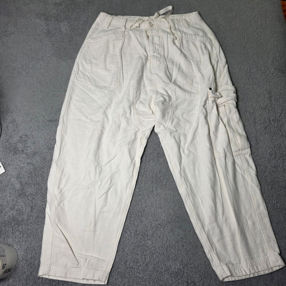 Free People Womens Small Cargo Pants Off-White Textured Cotton Tapered Boho